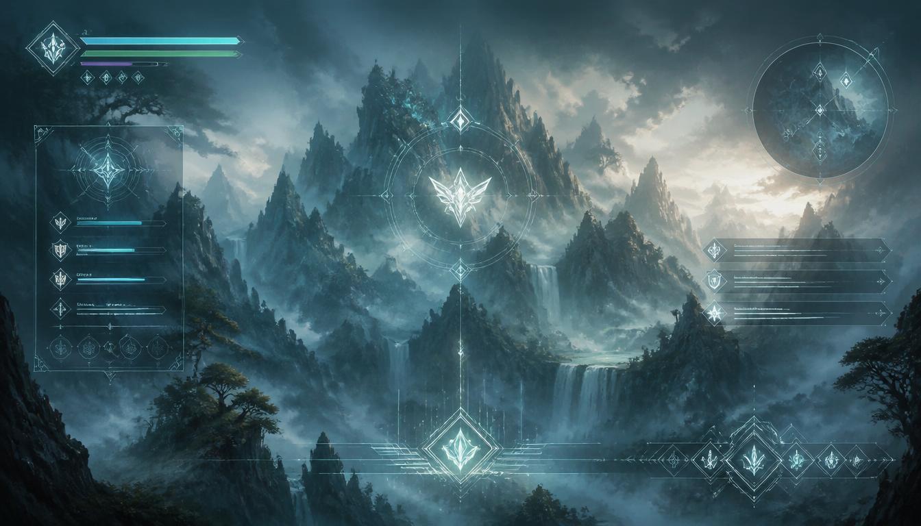 Misty mountain landscape with glowing RPG interface elements